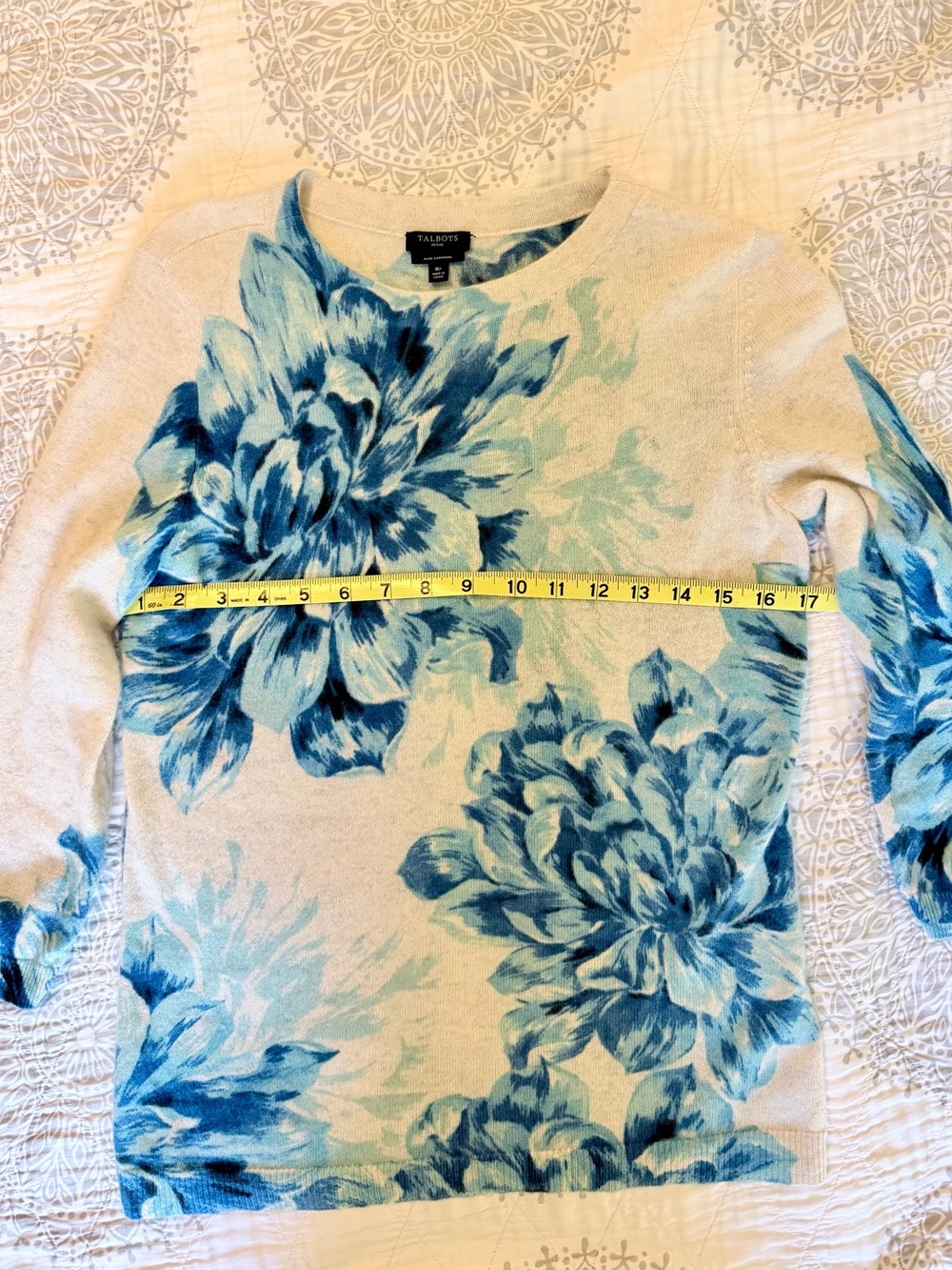Talbots Cream and Blue Cashmere Sweater with Floral Motif